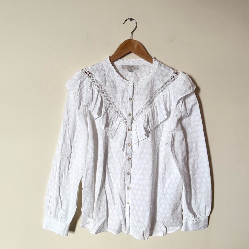 LOFT White Ruffled Button-Up Blouse